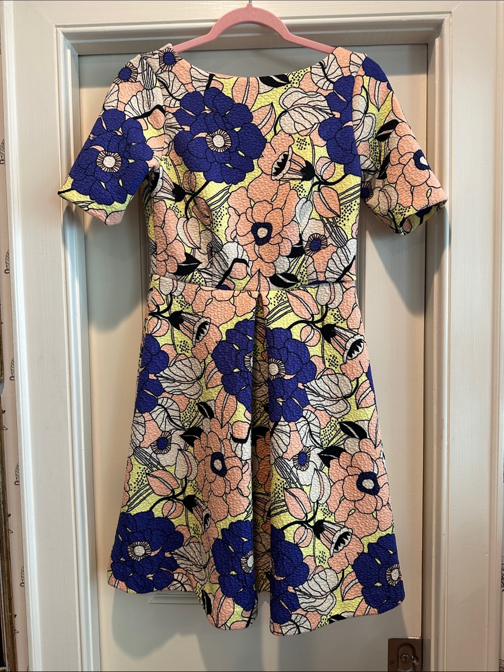 Neoprene Floral Fit-and-Flare Dress in Blue & Peach